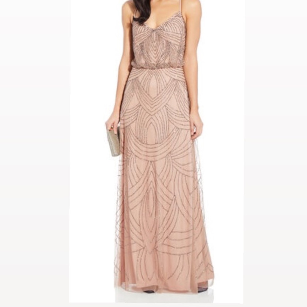 Adriana Papell Beaded Blouson Gown -Taupe/Pink